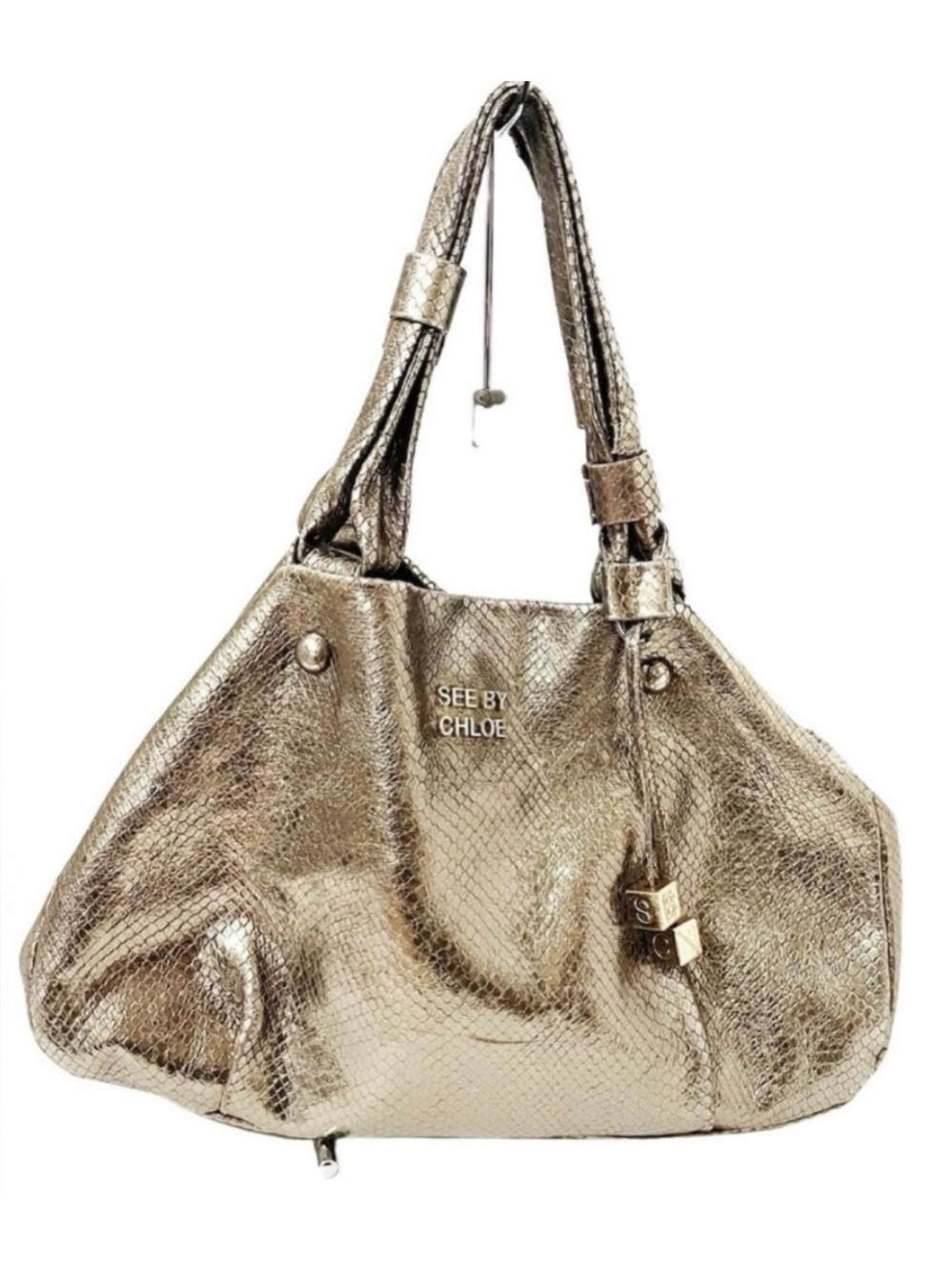 See by Chloé Metallic Gold Snakeskin Leather Tote Shoulder Bag Charm